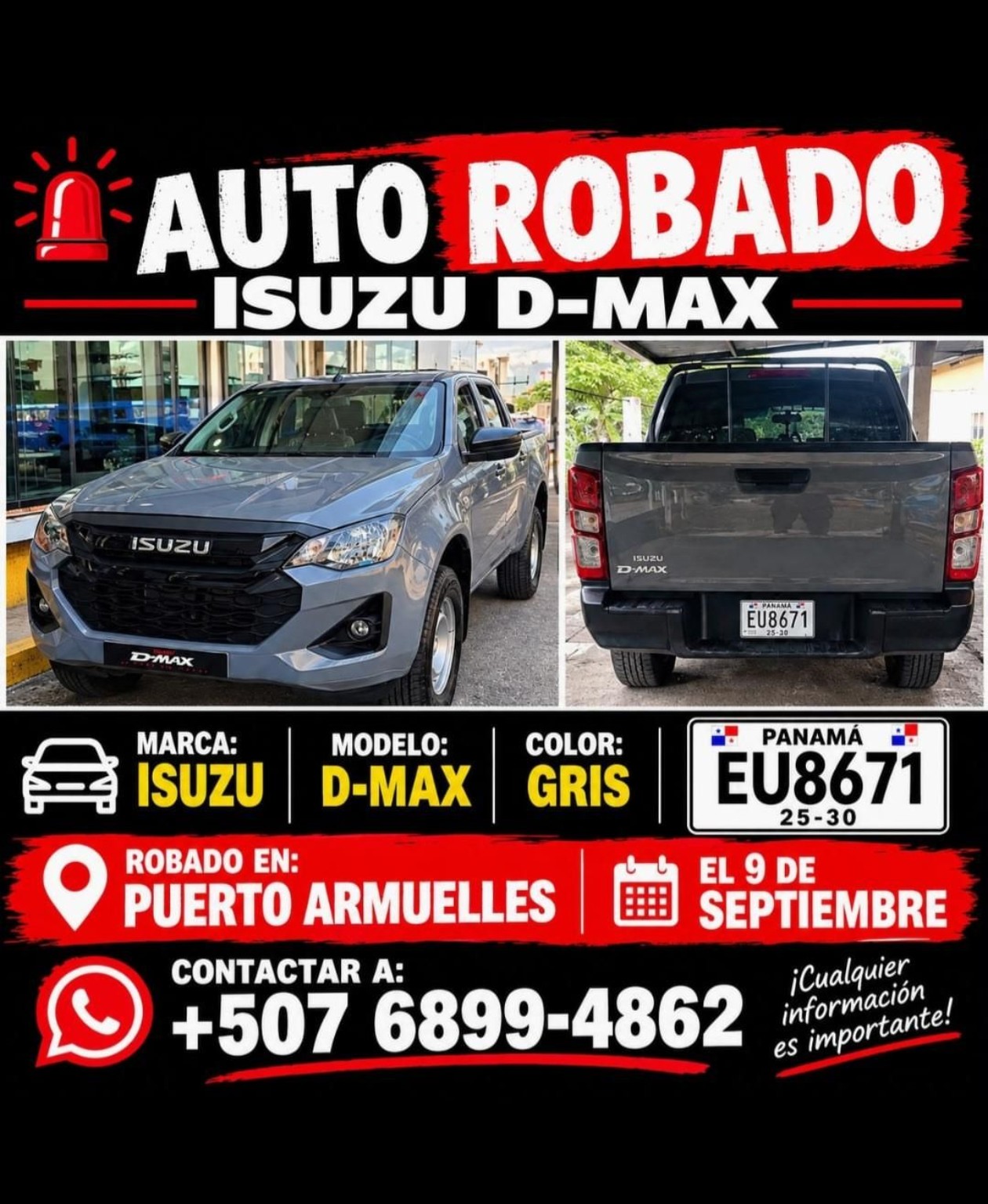 ¡ALERTA EN CHIRIQUÍ! Roban camioneta Isuzu D-Max en Puerto Armuelles y piden ayuda para localizarla